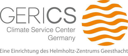 Logo mit Schriftzug von GERICS, rechts ist ein orangener Kreis mit Wellenlinien