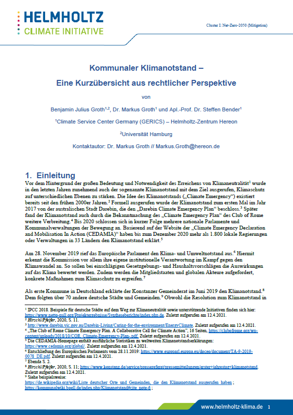 Publikation Hintergrundpapier "Kommunaler Klimanotstand – Eine Kurzübersicht aus rechtlicher Perspektive"