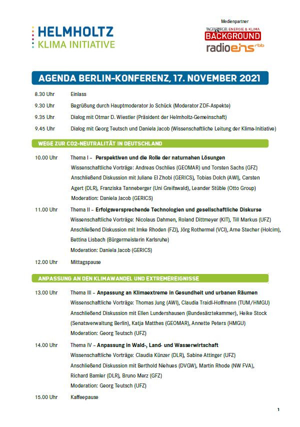 Programm zur Dialogkonferenz "Ein Klima - viele Disziplinen" der Helmholtz-Klima-Initiative