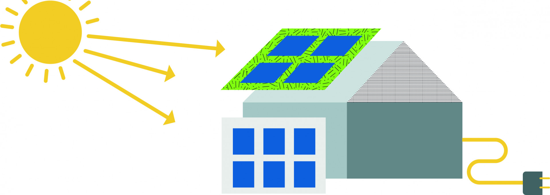 Grafische Darstellung wie Sonne auf Solarzellenan einem Haus treffen.