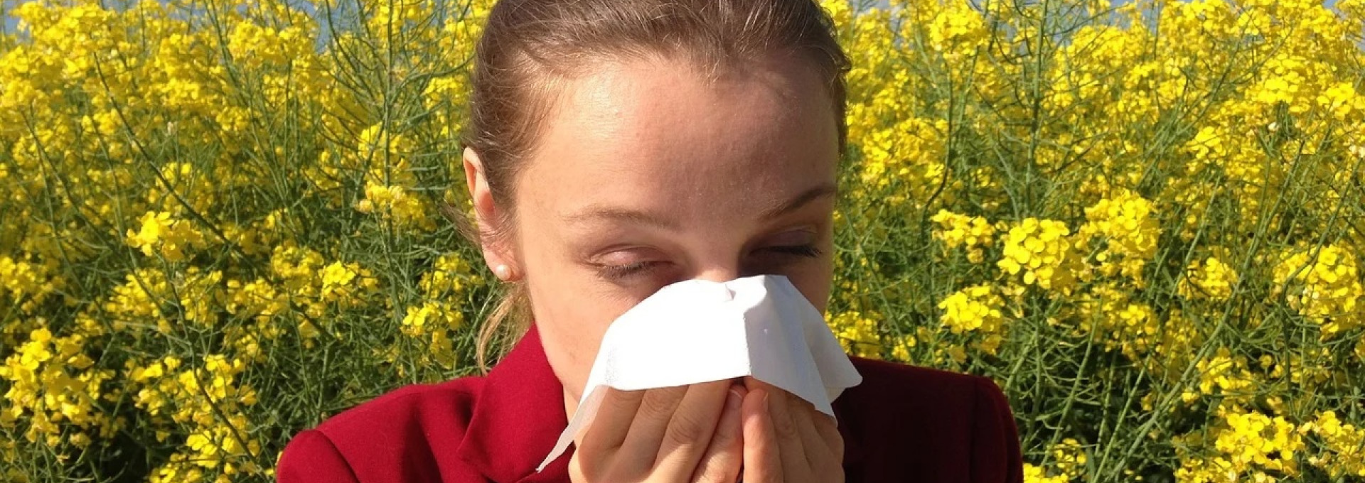 Woman blowing her nose in front of a field of rapeseed