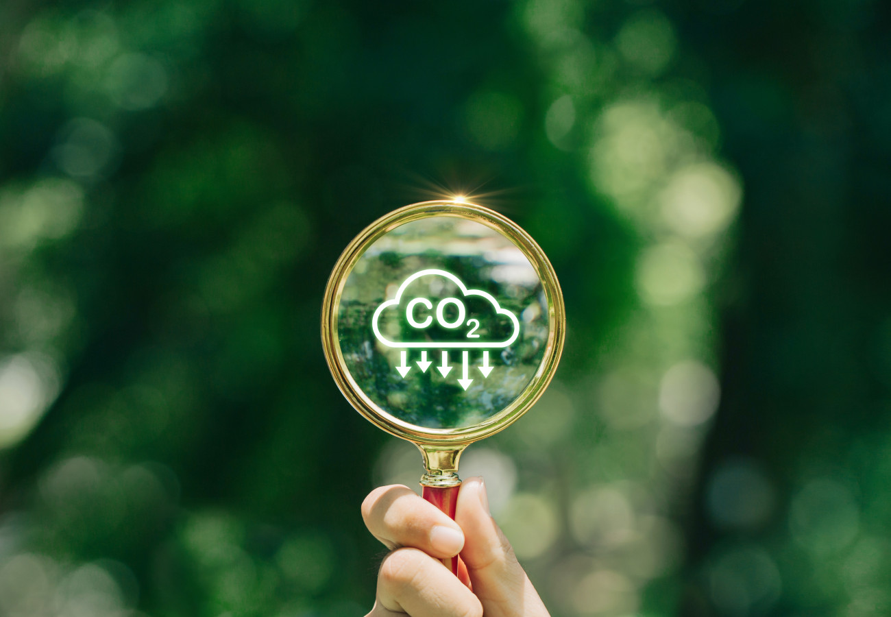 Eine Hand, die ein Vergrößerungsglas mit einem CO2-Reduktionssymbol hält
