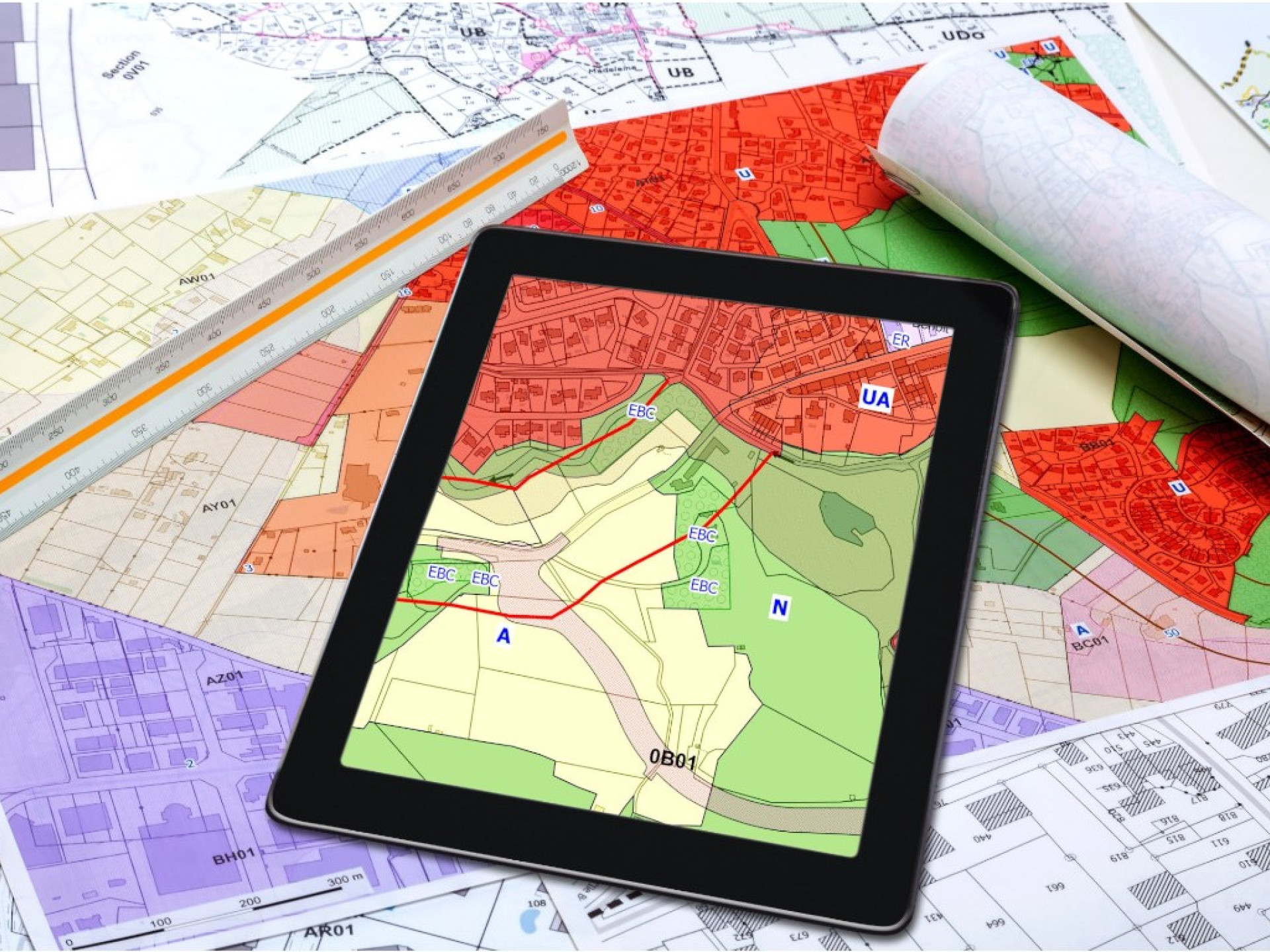 Stadtplanung - Raumordnung - Auf einem Tablet-PC angezeigte Karten des lokalen Stadtplanes und Katasters
