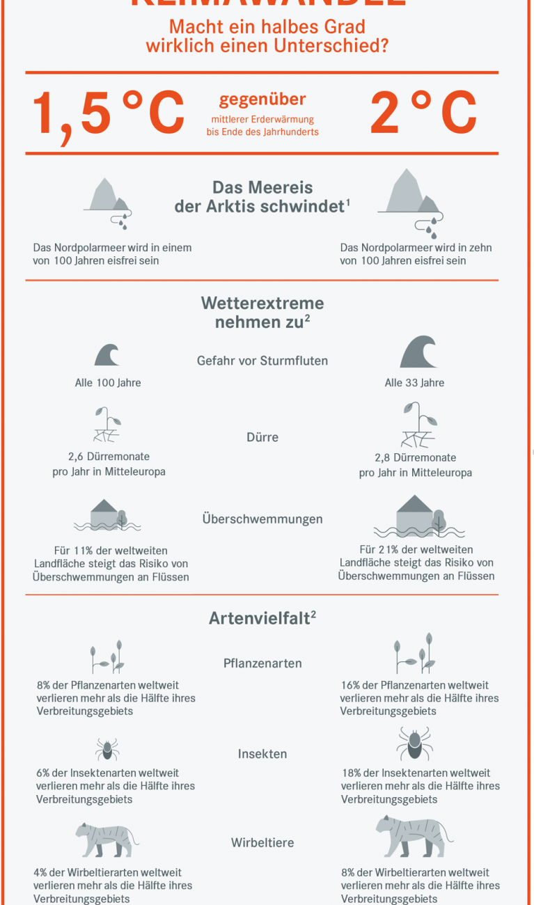 Die Grafik zeigt, wie sich die Eismasse, Artenvielfalt und Extremereignisse verändern, wenn sich die Welt einmal um 1,5 °C und einmal um 2°C erwärmt.