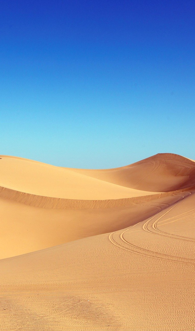 Goldgelbe Sanddünen in der Sahara-Wüste unter strahlend blauem Himmel