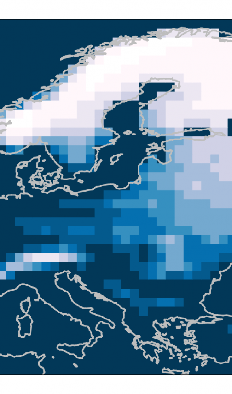 Map of Europe showing likelihoods of snow on the three days of Dec 24, 25 and 26, under a +4°C scenario (2071-2100)