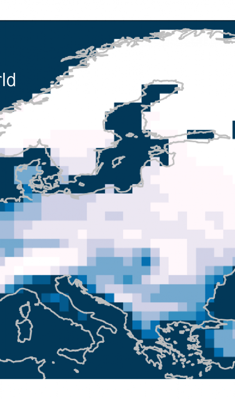 Map of Europe showing likelihoods of snow on the three days of Dec 24, 25 and 26, under a pre-industrial scenario (1851-1880)