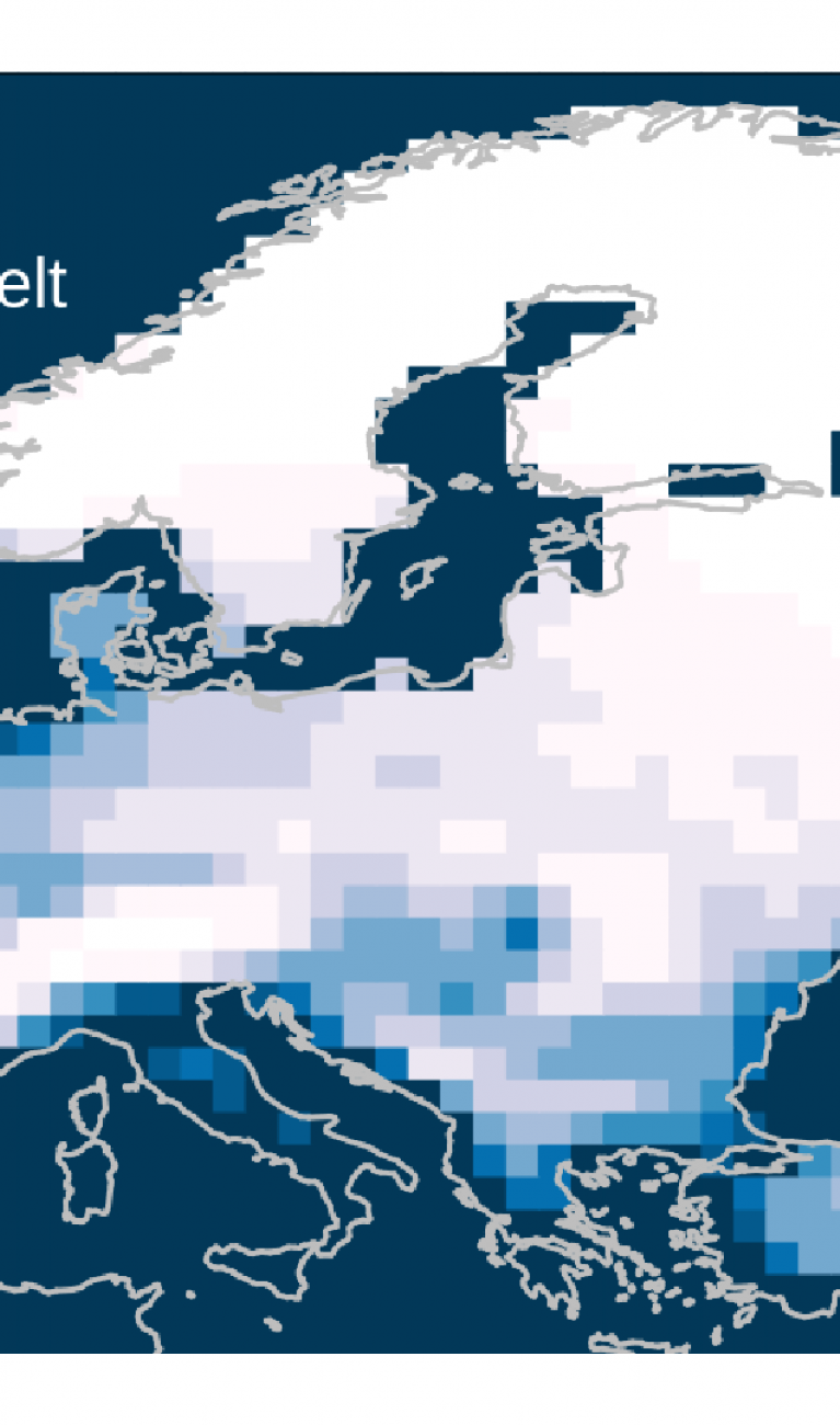Karte von Europa, die auf einer Farbskala von Weiß bis Blau zeigt, welche Wahrscheinlichkeiten im Modell für Schnee vor der Industrialisierung bestanden