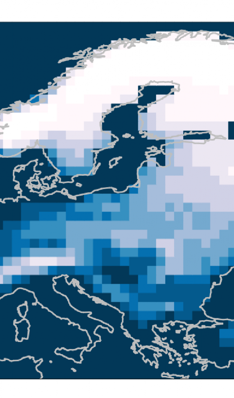 Karte von Europa, die auf einer Farbskala von Weiß bis Blau zeigt, welche Wahrscheinlichkeiten im Modell für Schnee bei der globalen Erwärmung von 3 Grad bestehen