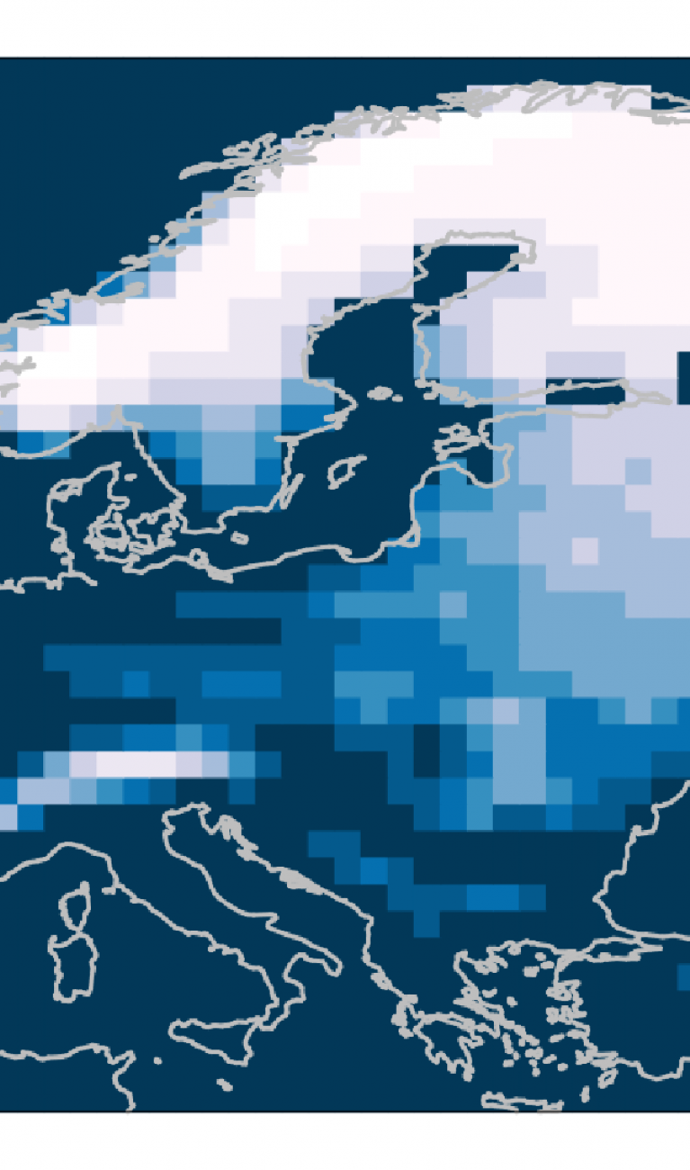 Karte von Europa, die auf einer Farbskala von Weiß bis Blau zeigt, welche Wahrscheinlichkeiten im Modell für Schnee bei der globalen Erwärmung von 4 Grad bestehen