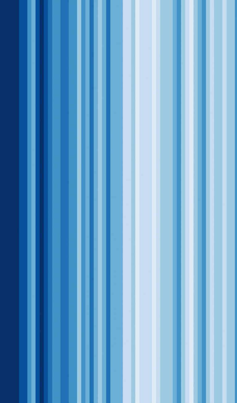 Die Warming Stripes zeigen die Erwärmung der Erde in Blau- und Rot-Tönen