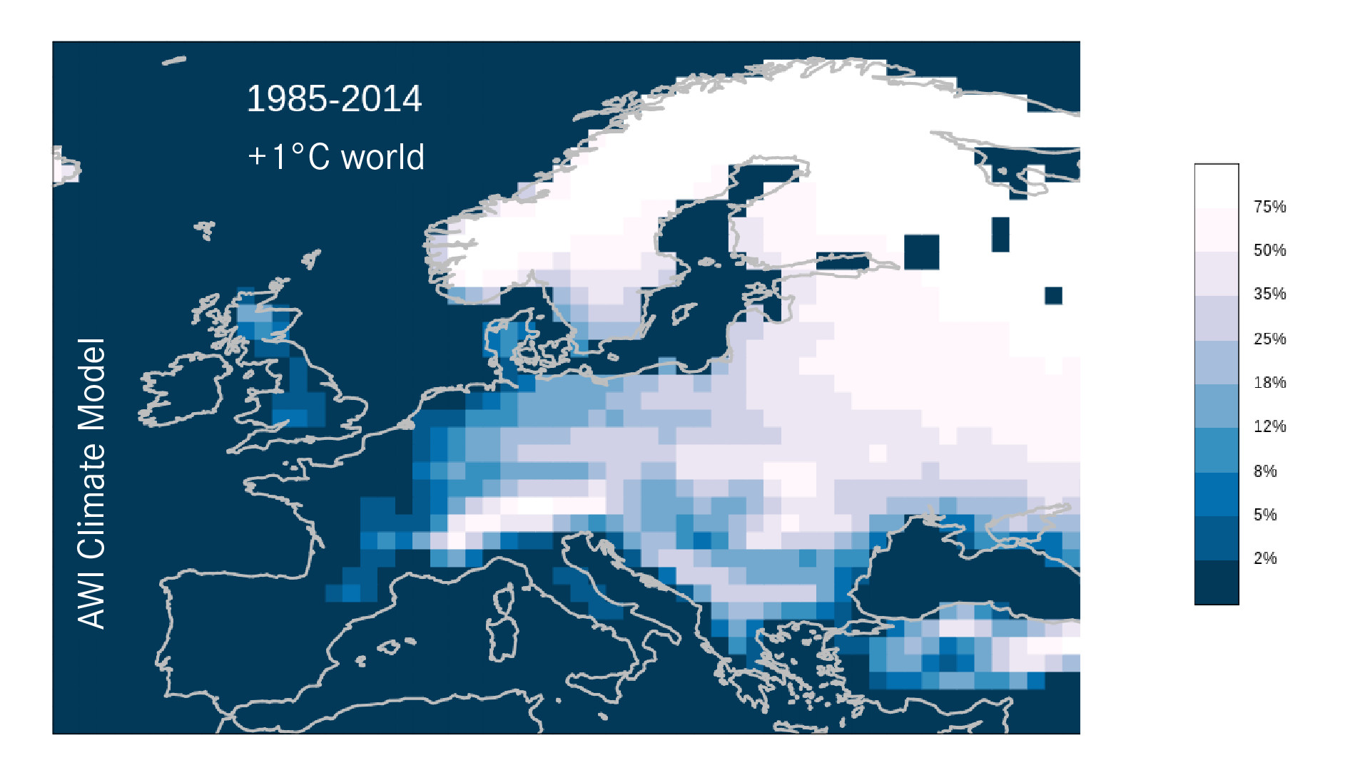 Map of Europe showing likelihoods of snow on the three days of Dec 24, 25 and 26, under a +1°C scenario (1985-2014)