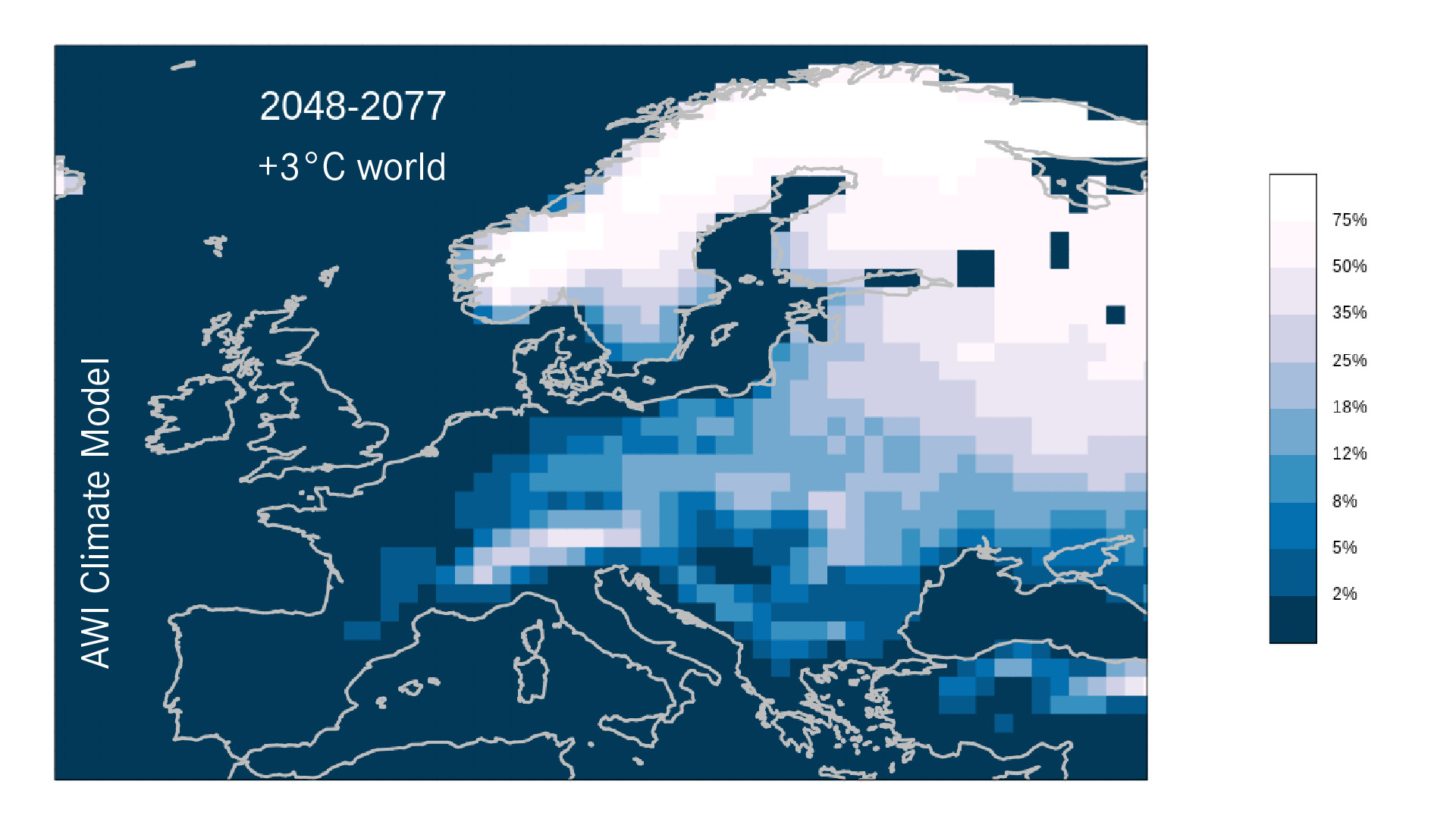 Map of Europe showing likelihoods of snow on the three days of Dec 24, 25 and 26, under a +3°C scenario (2048-2077)