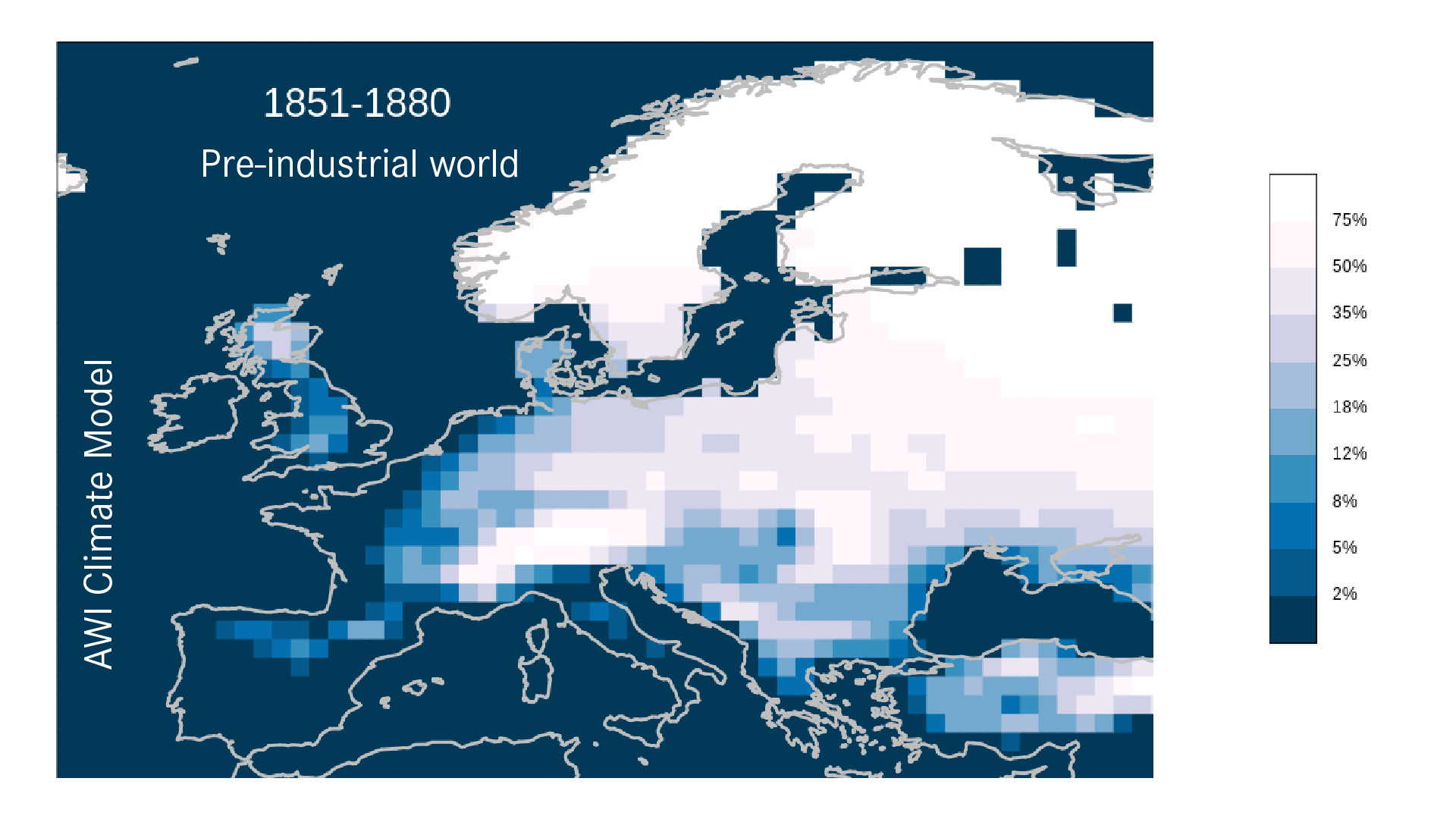 Map of Europe showing likelihoods of snow on the three days of Dec 24, 25 and 26, under a pre-industrial scenario (1851-1880)