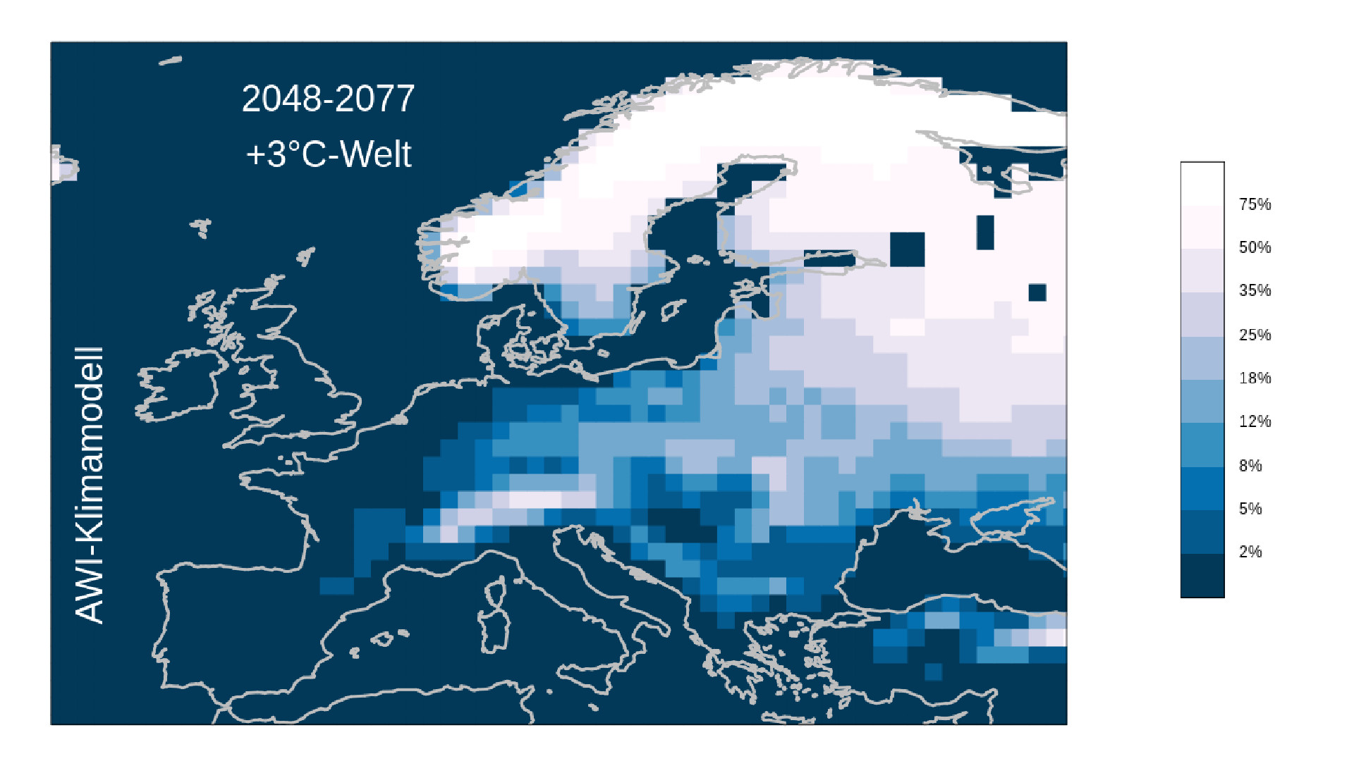 Karte von Europa, die auf einer Farbskala von Weiß bis Blau zeigt, welche Wahrscheinlichkeiten im Modell für Schnee bei der globalen Erwärmung von 3 Grad bestehen
