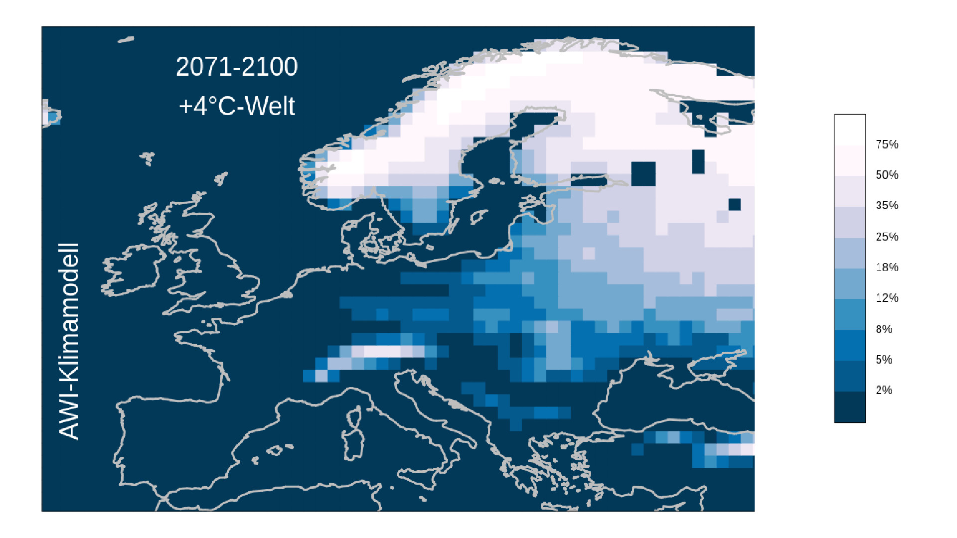 Karte von Europa, die auf einer Farbskala von Weiß bis Blau zeigt, welche Wahrscheinlichkeiten im Modell für Schnee bei der globalen Erwärmung von 4 Grad bestehen