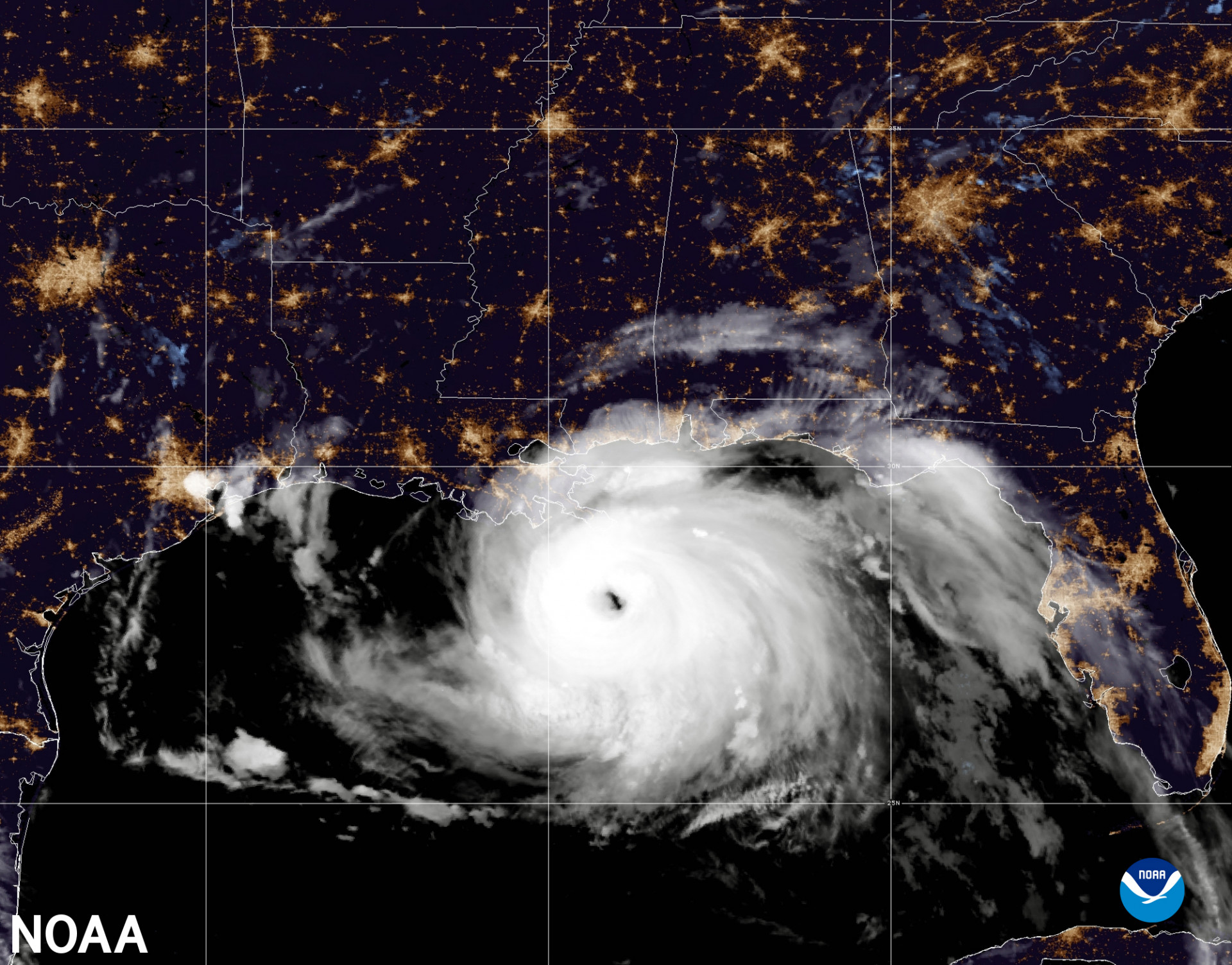 Hurricane Ida kurz vor dem Auftreffen an Land, Golf von Mexiko, Satellitenbild