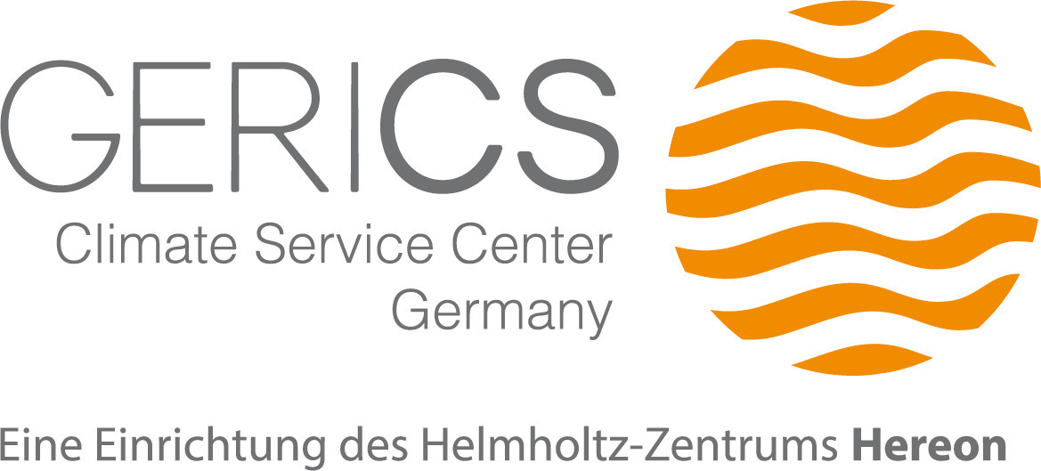 Logo mit Schriftzug von GERICS, rechts ist ein orangener Kreis 