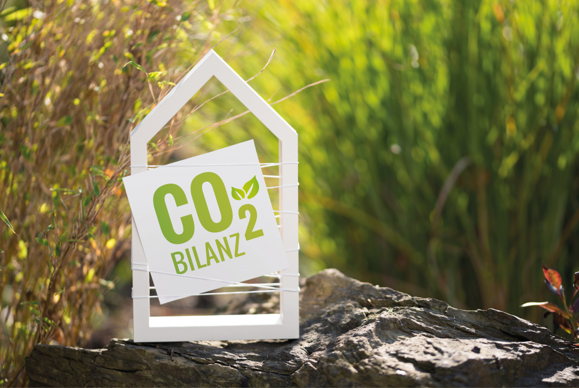 Ein kleines gebasteltes Holzhaus ist umgeben von grünen Pflanzen. In dem Haus steht CO2-Bilanz.
