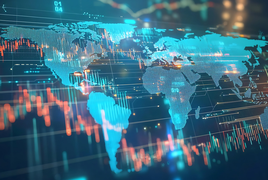 A futuristic world map with financial data points