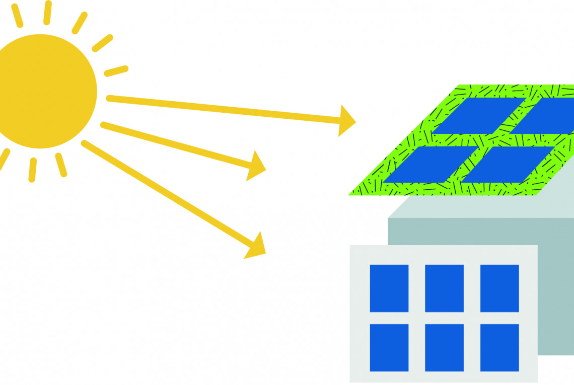 Grafische Darstellung wie Sonne auf Solarzellenan einem Haus treffen.