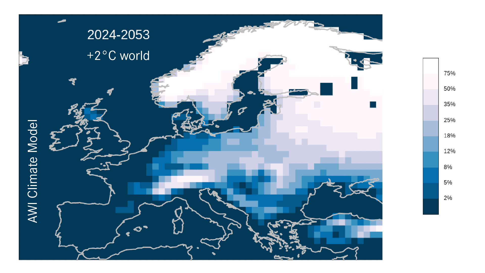 Map of Europe showing likelihoods of snow on the three days of Dec 24, 25 and 26, under a +2°C scenario (2024-2053)