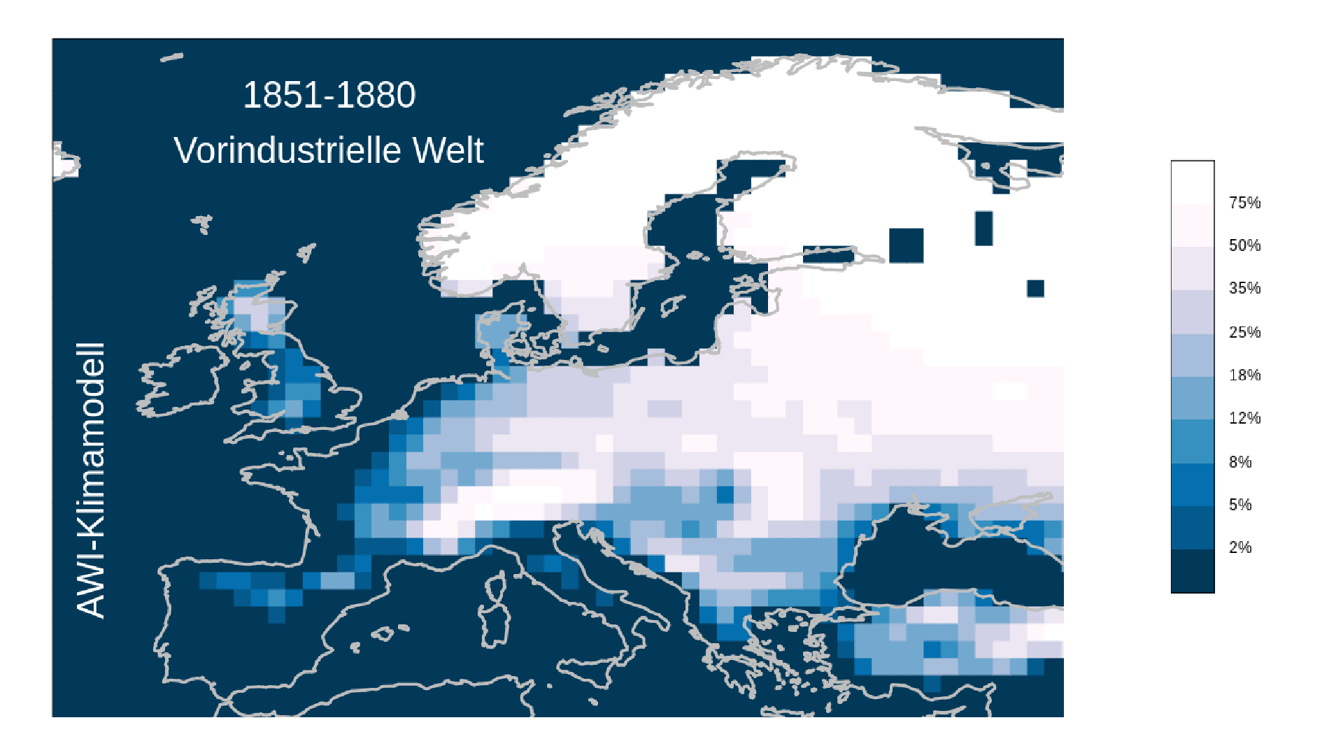 Karte von Europa, die auf einer Farbskala von Weiß bis Blau zeigt, welche Wahrscheinlichkeiten im Modell für Schnee vor der Industrialisierung bestanden