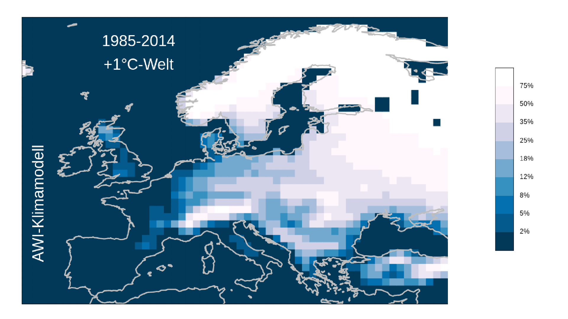 Eine Karte von Europa, die in Blau und Weiß Wahrscheinlichkeiten des Schneefalls in einer ein Grad wärmeren Welt anzeigt