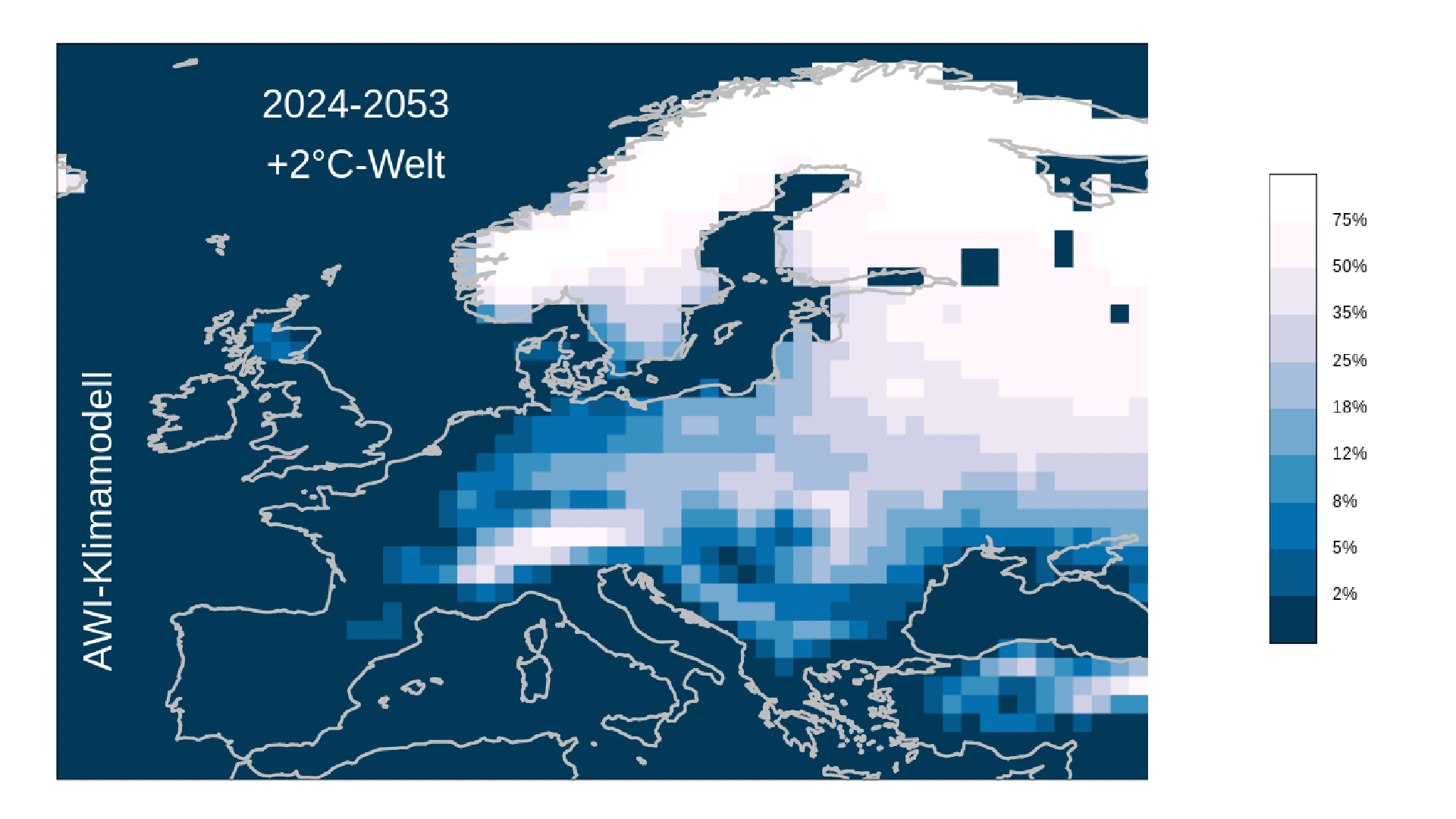 Karte von Europa, die auf einer Farbskala von Weiß bis Blau zeigt, welche Wahrscheinlichkeiten im Modell für Schnee bei der globalen Erwärmung von 2 Grad bestehen